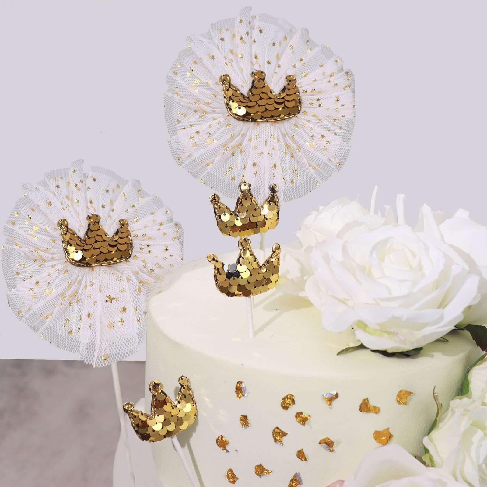 9-Pack Sequin Crown and Tutu Cupcake Cake Toppers Gold - Shimmering Princess Inspired Cake Inserts DIY Party Decoration Supplies
