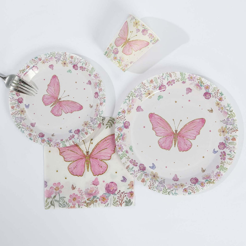 96 Pcs Paper Dinnerware Set with Butterfly Print White/Pink - Disposable Tableware Set with Plates, Cups, and Napkins - Bell Racket Store