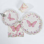 96 Pcs Paper Dinnerware Set with Butterfly Print White/Pink - Disposable Tableware Set with Plates, Cups, and Napkins - Bell Racket Store