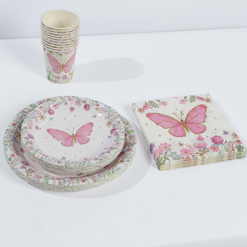 96 Pcs Paper Dinnerware Set with Butterfly Print White/Pink - Disposable Tableware Set with Plates, Cups, and Napkins - Bell Racket Store