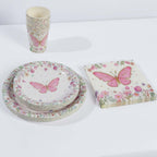 96 Pcs Paper Dinnerware Set with Butterfly Print White/Pink - Disposable Tableware Set with Plates, Cups, and Napkins - Bell Racket Store