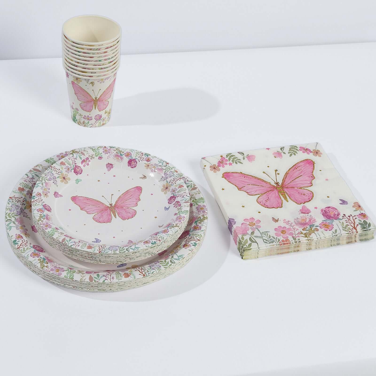 96 Pcs Paper Dinnerware Set with Butterfly Print White/Pink - Disposable Tableware Set with Plates, Cups, and Napkins - Bell Racket Store