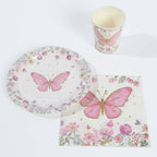 96 Pcs Paper Dinnerware Set with Butterfly Print White/Pink - Disposable Tableware Set with Plates, Cups, and Napkins - Bell Racket Store