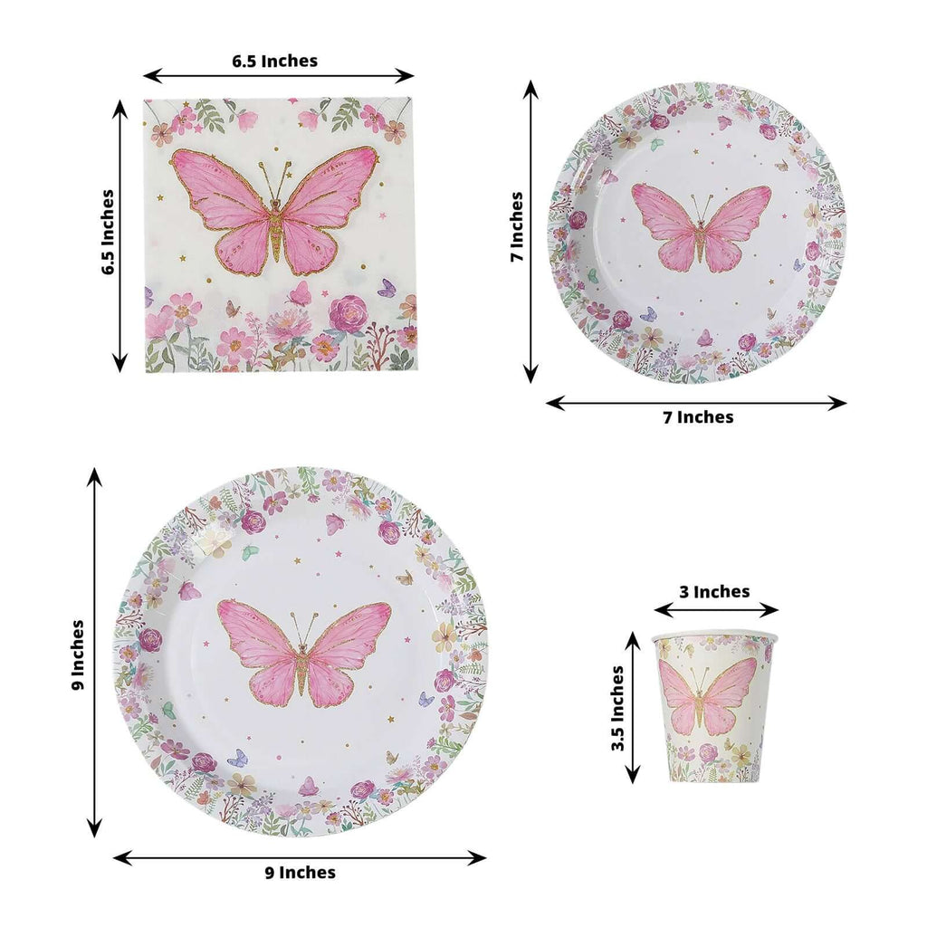 96 Pcs Paper Dinnerware Set with Butterfly Print White/Pink - Disposable Tableware Set with Plates, Cups, and Napkins - Bell Racket Store