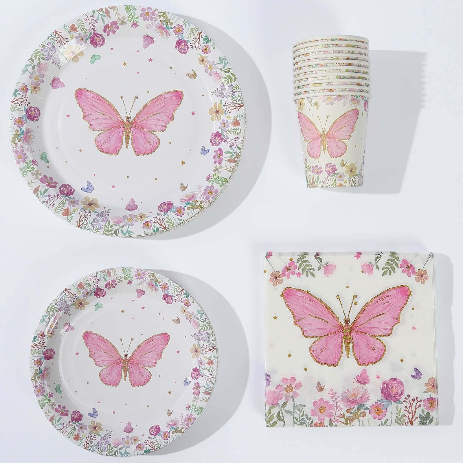 96 Pcs Paper Dinnerware Set with Butterfly Print White/Pink - Disposable Tableware Set with Plates, Cups, and Napkins - Bell Racket Store