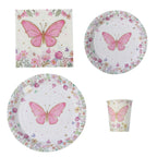 96 Pcs Paper Dinnerware Set with Butterfly Print White/Pink - Disposable Tableware Set with Plates, Cups, and Napkins - Bell Racket Store