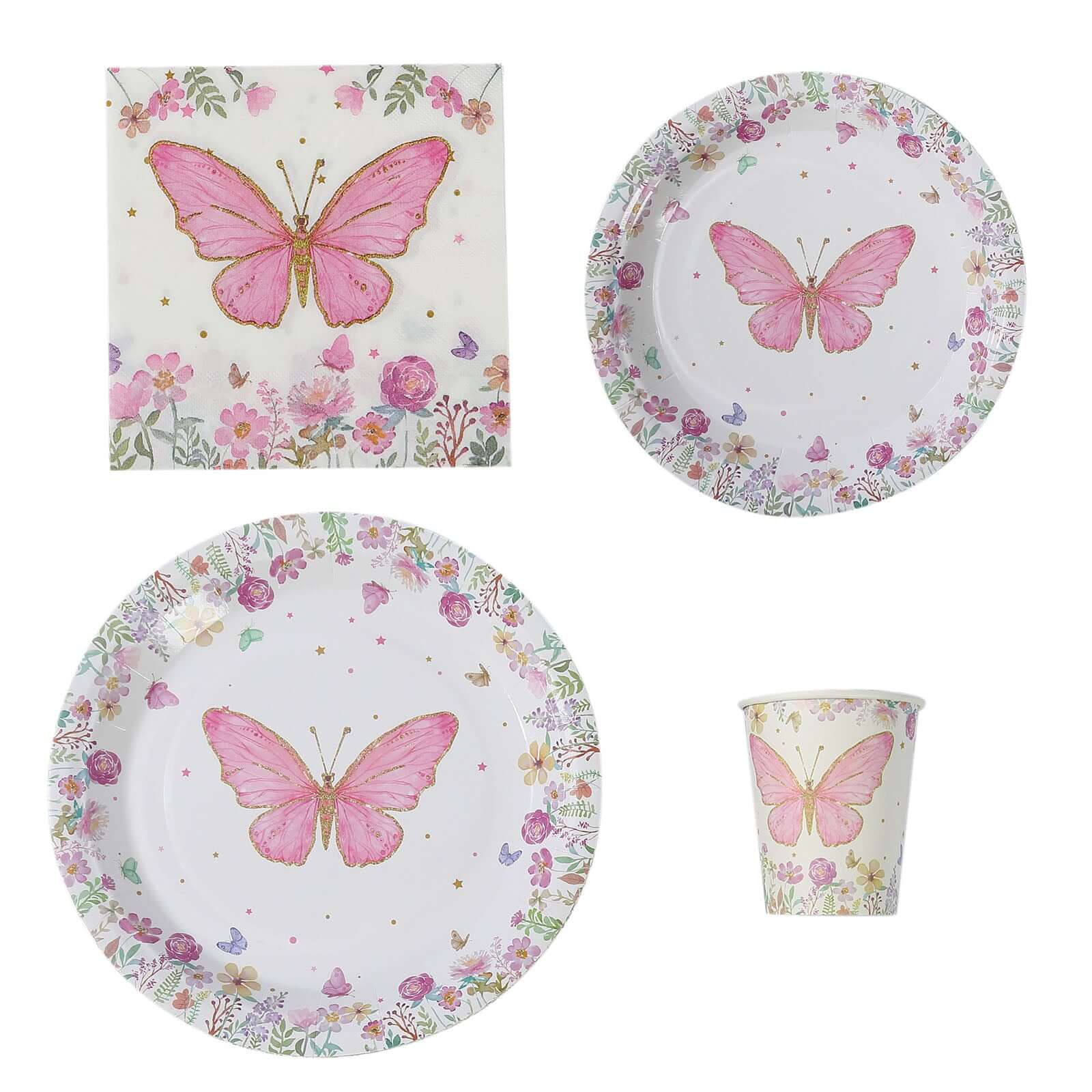 96 Pcs Paper Dinnerware Set with Butterfly Print White/Pink - Disposable Tableware Set with Plates, Cups, and Napkins - Bell Racket Store