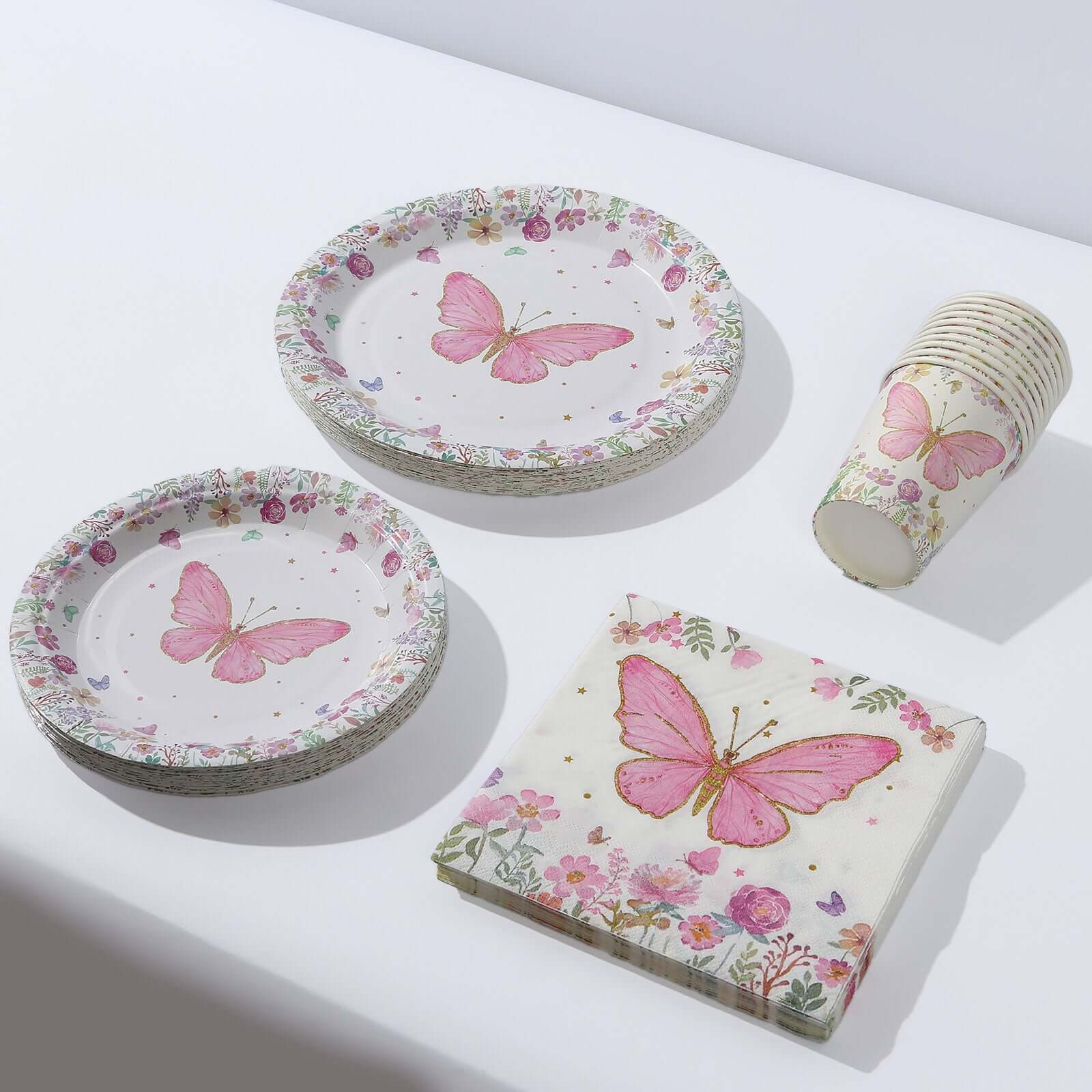 96 Pcs Paper Dinnerware Set with Butterfly Print White/Pink - Disposable Tableware Set with Plates, Cups, and Napkins - Bell Racket Store