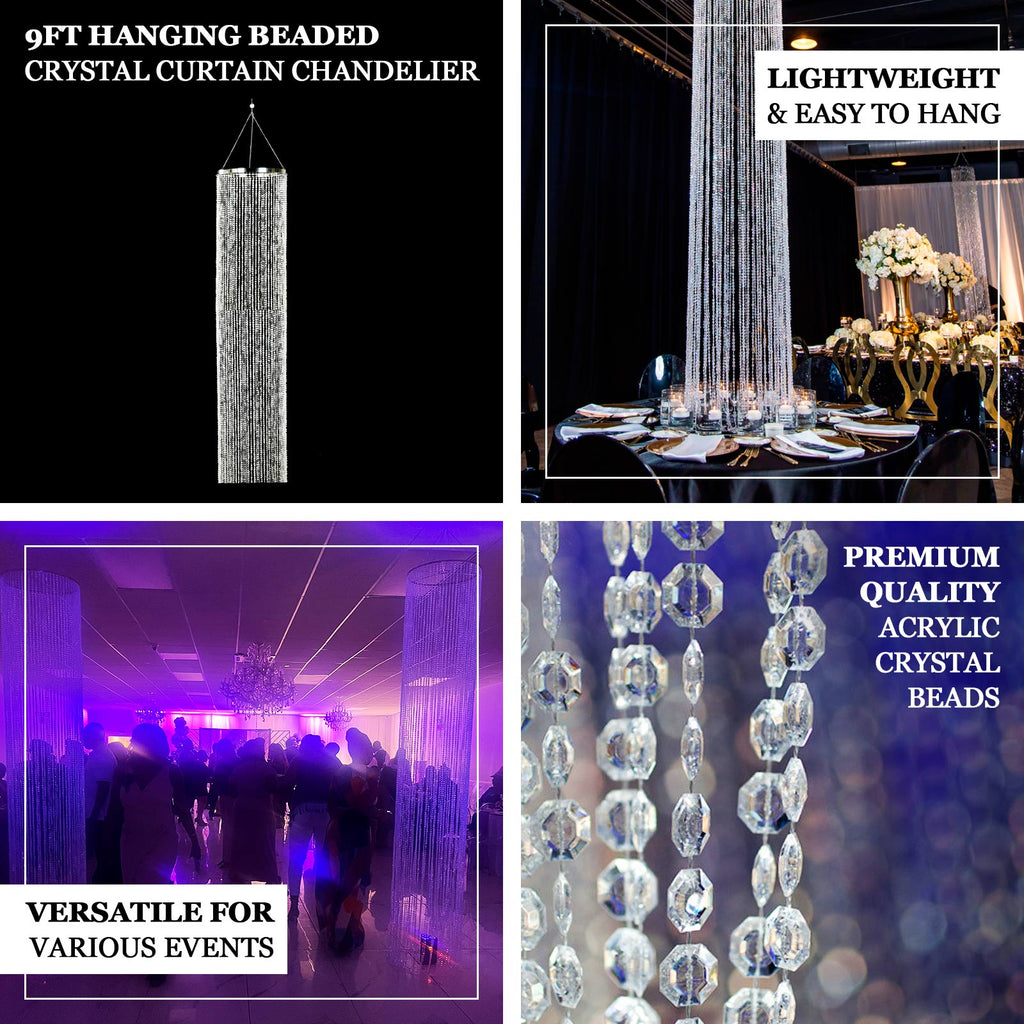9ft Hanging Beaded Crystal Column Chandelier, Tall Beads Curtain Round with Silver Metal Hoop and Hanging Chain - Bell Racket Store
