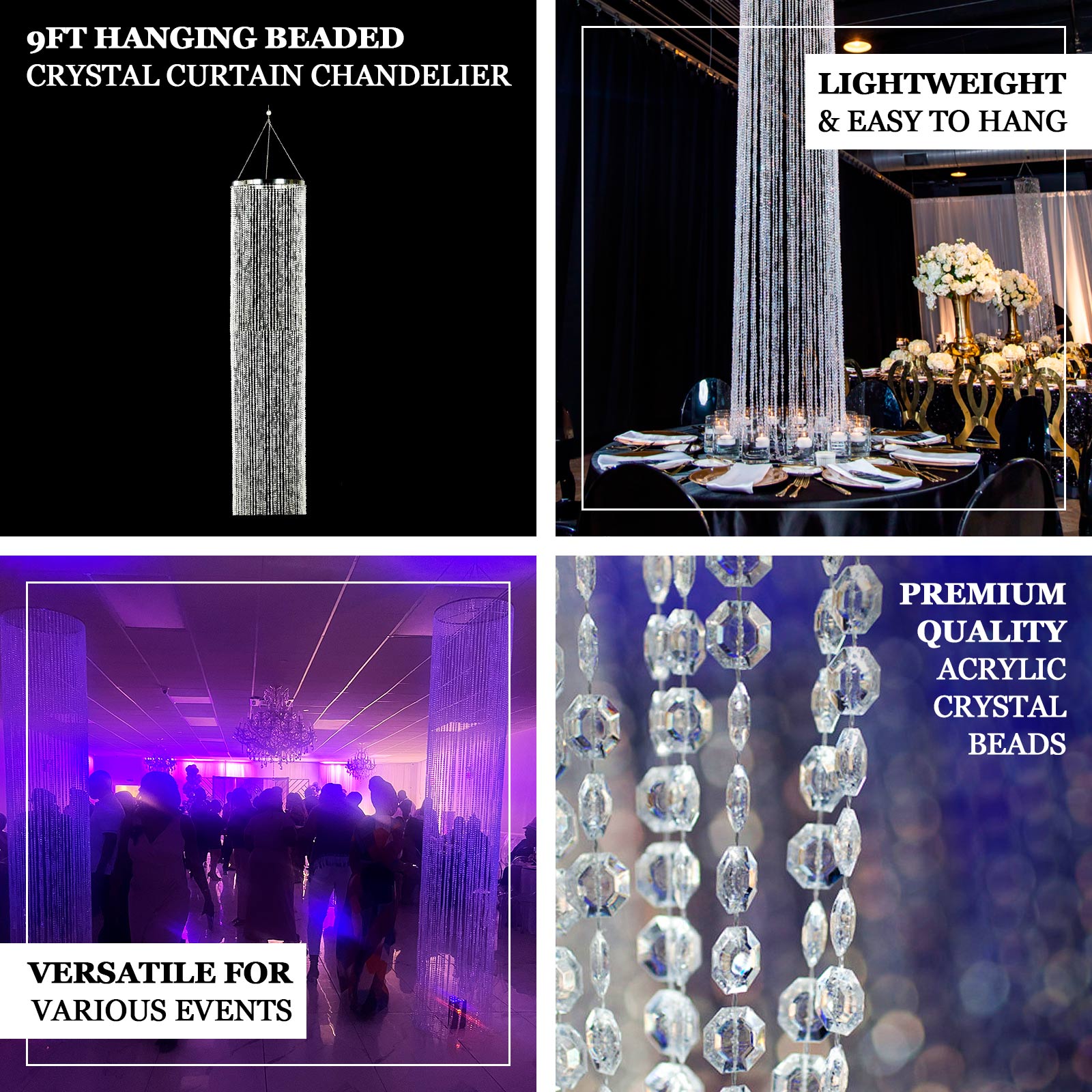 9ft Hanging Beaded Crystal Column Chandelier, Tall Beads Curtain Round with Silver Metal Hoop and Hanging Chain - Bell Racket Store