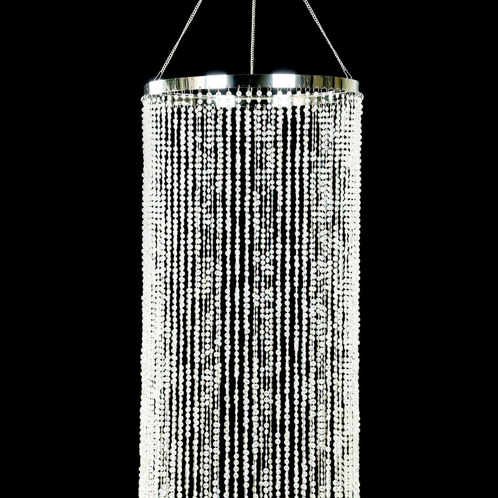 9ft Hanging Beaded Crystal Column Chandelier, Tall Beads Curtain Round with Silver Metal Hoop and Hanging Chain - Bell Racket Store