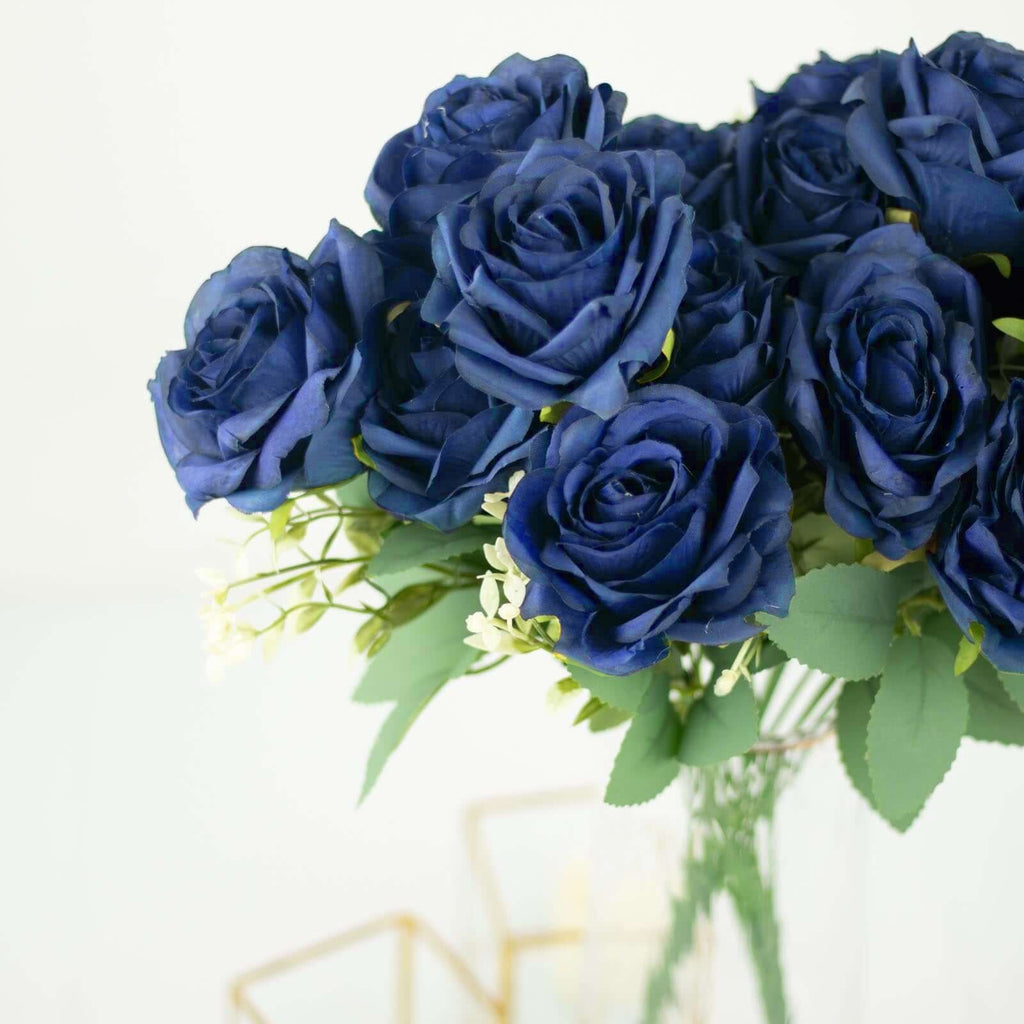 2 Bushes 18" Real Touch Navy Blue Artificial Rose Flower Bouquet, Silk Long Stem Flower Arrangements