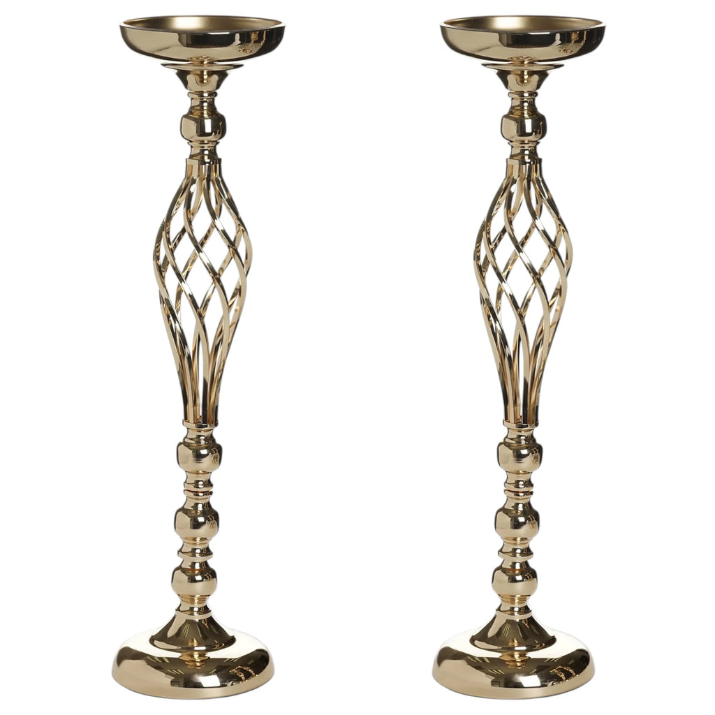 2-Pack Metal Pillar Candle Holders Reversible Flower Ball Pedestal Design Gold - Decorative Event Centerpieces 26"
