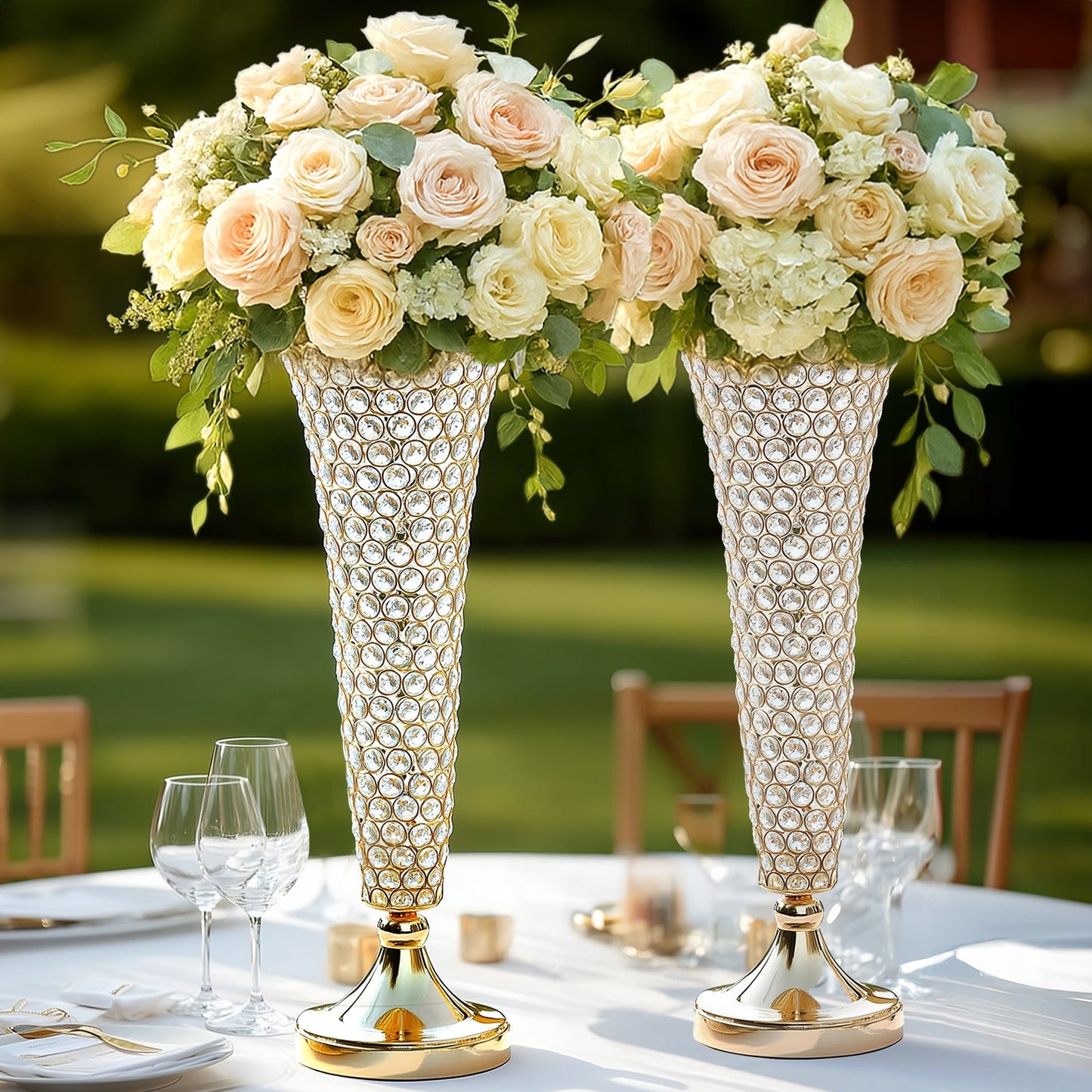 2-Pack Crystal Beaded Trumpet Vase Set Gold - Table Centerpiece for Stylish Decor 22"