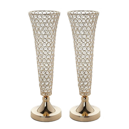 2-Pack Crystal Beaded Trumpet Vase Set Gold - Table Centerpiece for Stylish Decor 22"