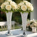 2-Pack Crystal Beaded Trumpet Vase Set Silver - Table Centerpiece for Stylish Decor 22"