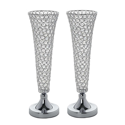 2-Pack Crystal Beaded Trumpet Vase Set Silver - Table Centerpiece for Stylish Decor 22"