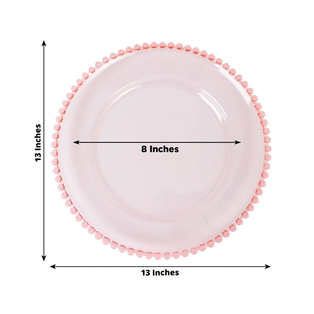 6-Pack Acrylic Round Charger Plates 13" in Transparent Blush with Beaded Rim, Decorative Dinner Party Serving Plates