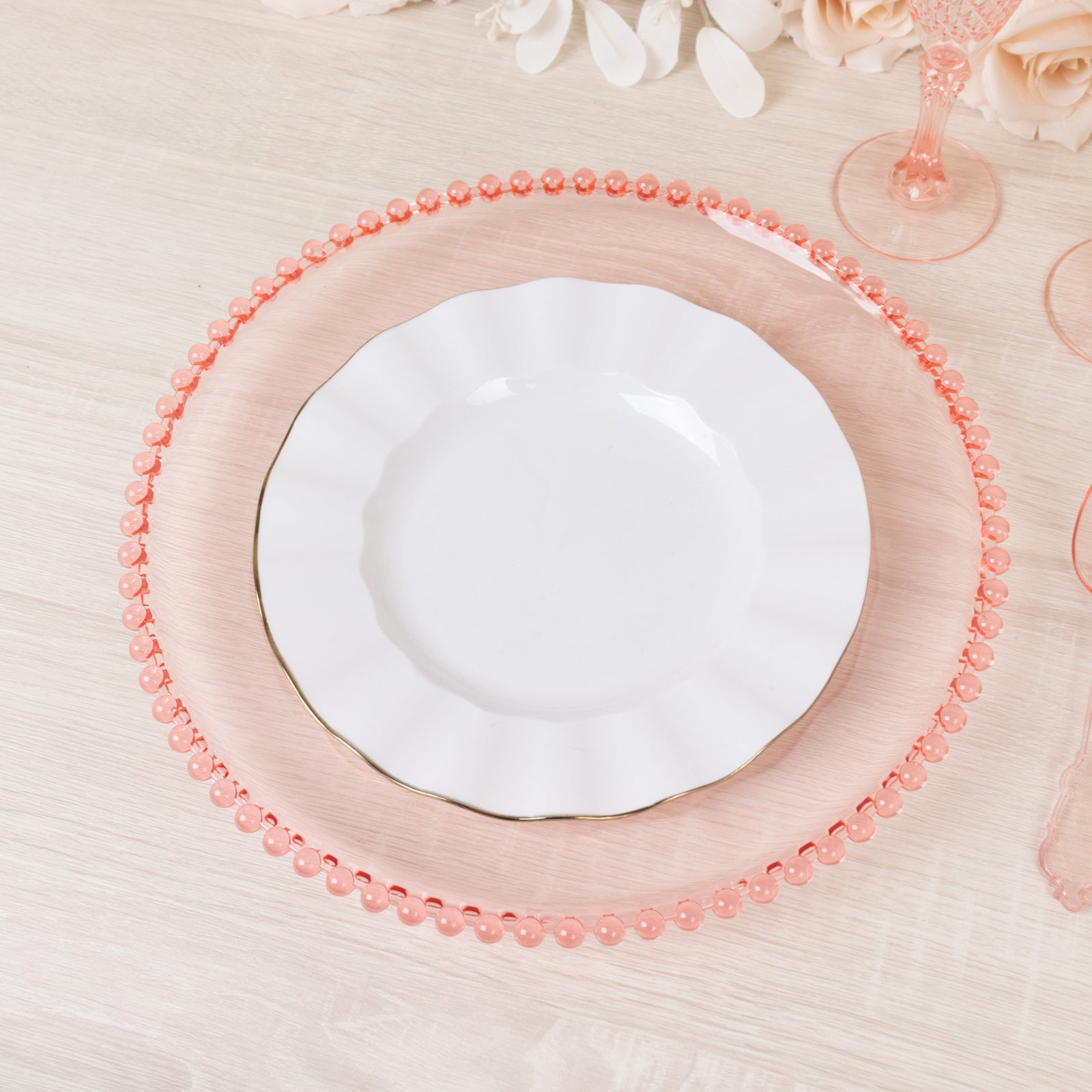 6-Pack Acrylic Round Charger Plates 13" in Transparent Blush with Beaded Rim, Decorative Dinner Party Serving Plates