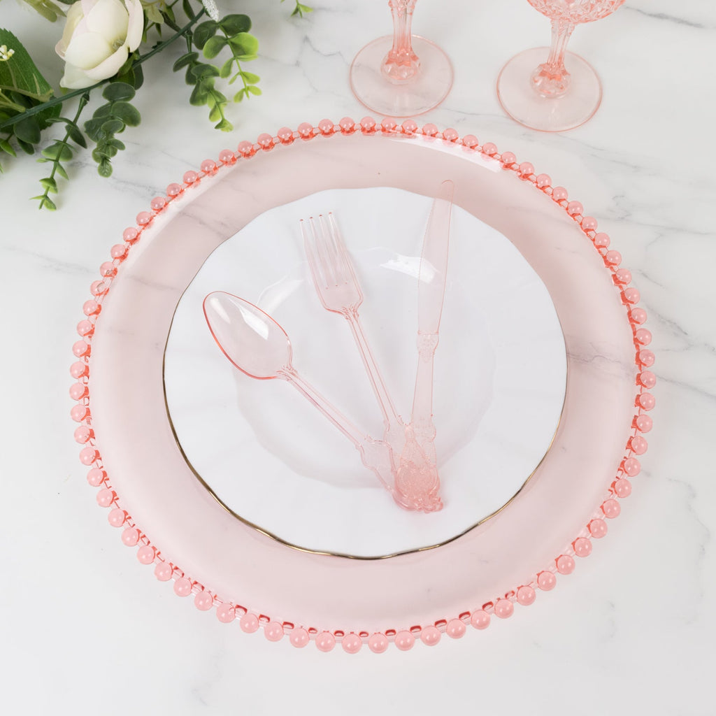 6-Pack Acrylic Round Charger Plates 13" in Transparent Blush with Beaded Rim, Decorative Dinner Party Serving Plates