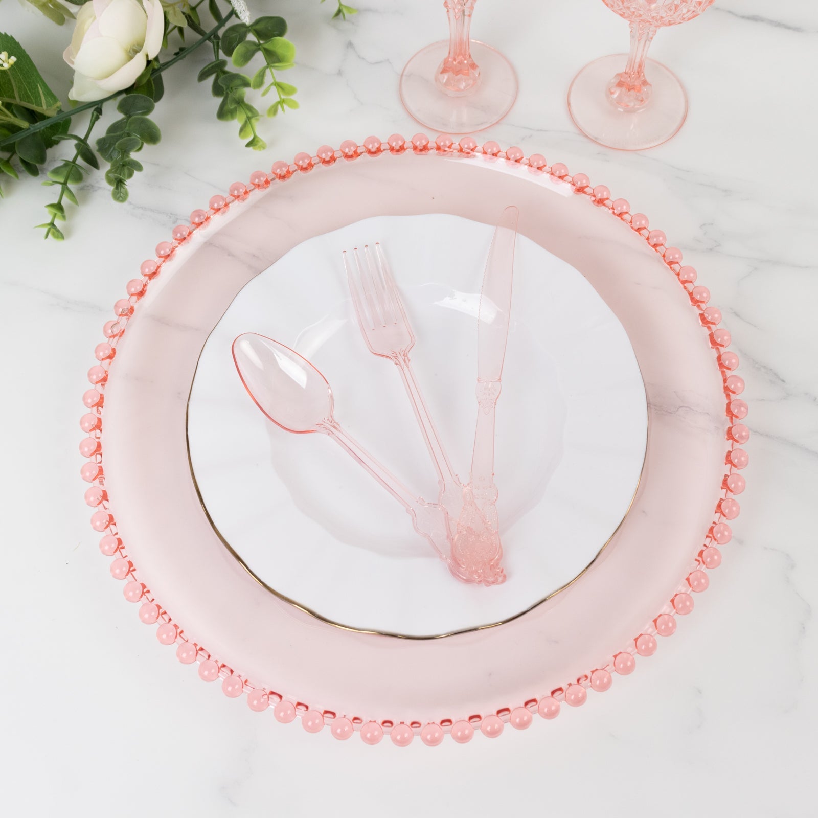 6-Pack Acrylic Round Charger Plates 13" in Transparent Blush with Beaded Rim, Decorative Dinner Party Serving Plates
