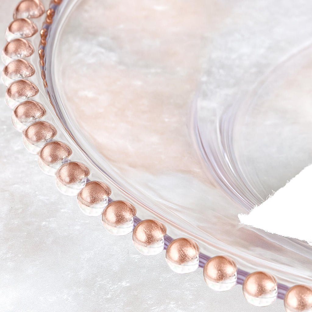 6-Pack Acrylic Round Charger Plates 13" in Clear with Rose Gold Beaded Rim, Decorative Dinner Party Serving Plates