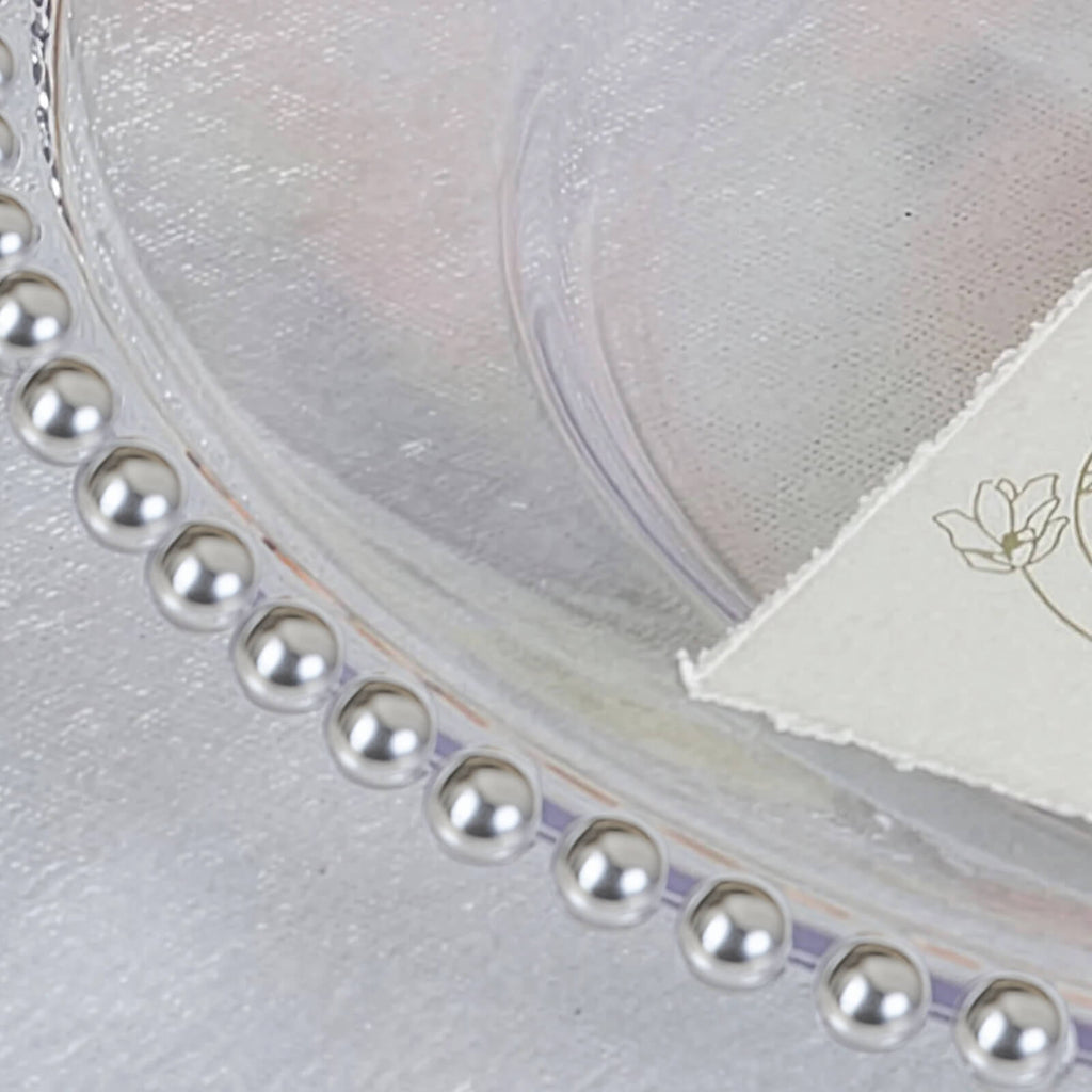 6-Pack Acrylic Round Charger Plates 13" in Clear with Silver Beaded Rim, Decorative Dinner Party Serving Plates
