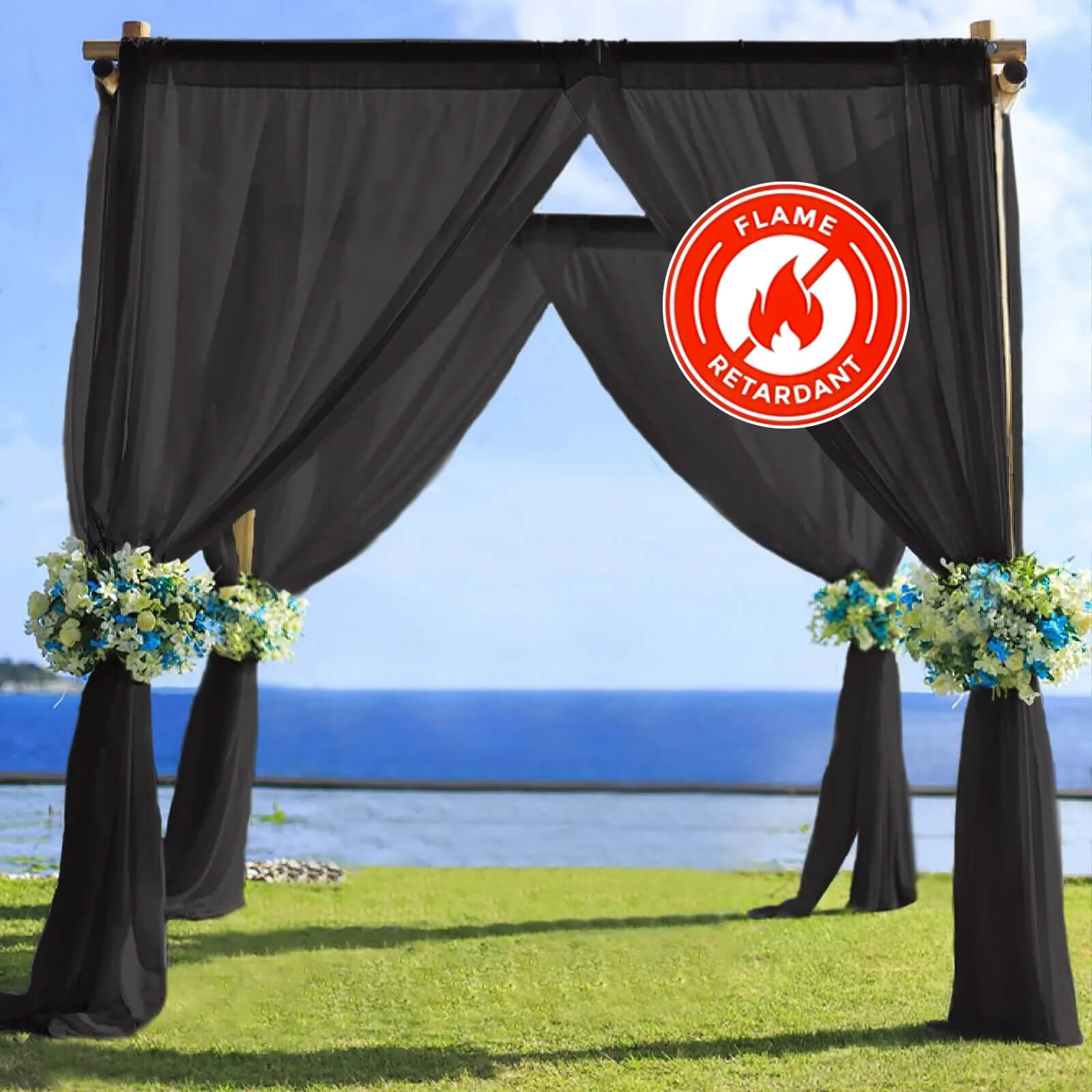 5ftx14ft Black Chiffon Curtain Panel, Durable Flame Resistant Backdrop Ceiling Drapery With Rod Pocket