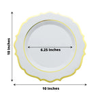 10-Pack Plastic 10" Round Dinner Plates in White with Gold Scalloped Rim - Disposable Party Plates for Chic Banquets & Special Occasions