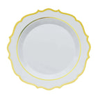 10-Pack Plastic 10" Round Dinner Plates in White with Gold Scalloped Rim - Disposable Party Plates for Chic Banquets & Special Occasions
