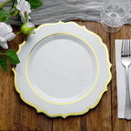 10-Pack Plastic 10" Round Dinner Plates in White with Gold Scalloped Rim - Disposable Party Plates for Chic Banquets & Special Occasions