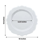 10-Pack Plastic 10" Round Dinner Plates in White with Silver Scalloped Rim - Disposable Party Plates