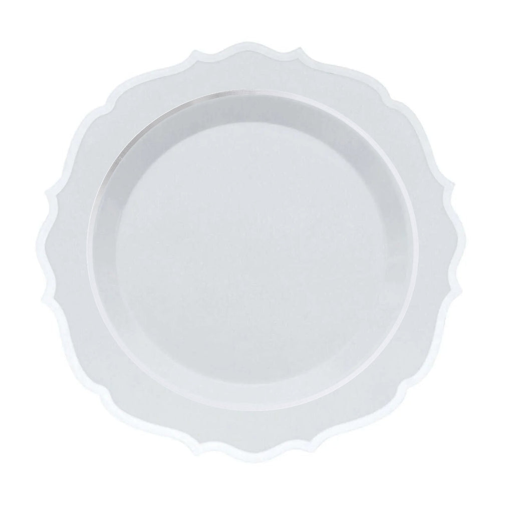 10-Pack Plastic 10" Round Dinner Plates in White with Silver Scalloped Rim - Disposable Party Plates