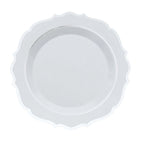 10-Pack Plastic 10" Round Dinner Plates in White with Silver Scalloped Rim - Disposable Party Plates