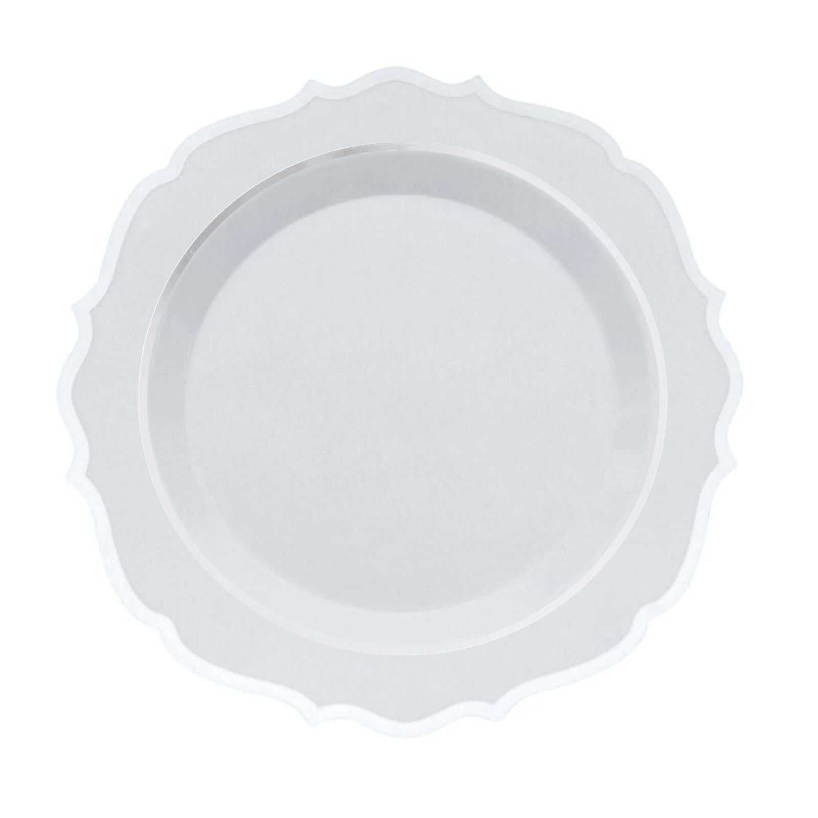 10-Pack Plastic 10" Round Dinner Plates in White with Silver Scalloped Rim - Disposable Party Plates