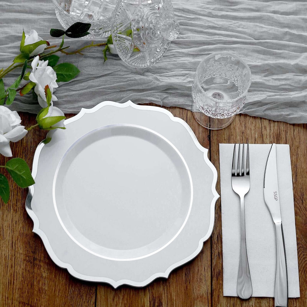 10-Pack Plastic 10" Round Dinner Plates in White with Silver Scalloped Rim - Disposable Party Plates