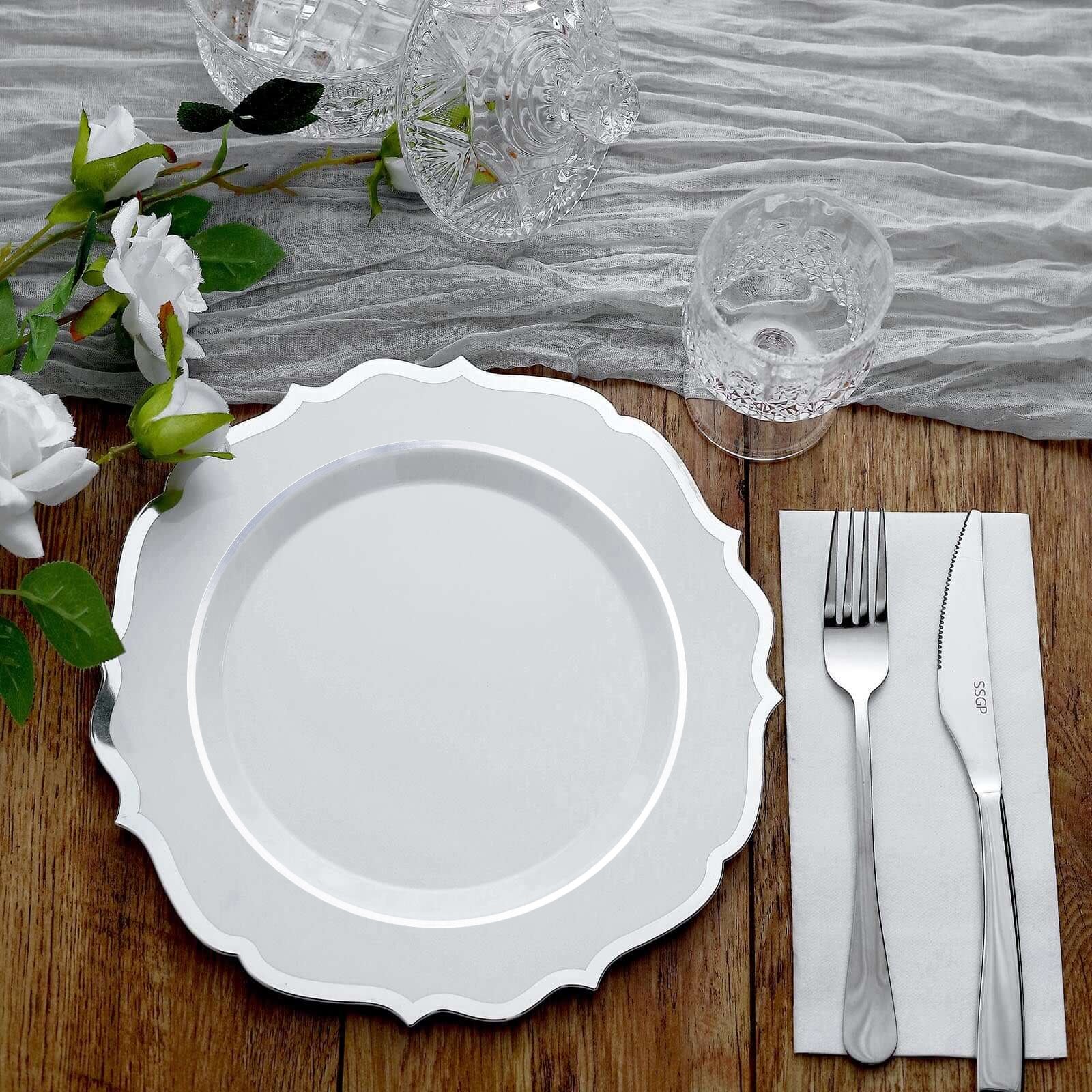 10-Pack Plastic 10" Round Dinner Plates in White with Silver Scalloped Rim - Disposable Party Plates