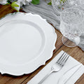 10-Pack Plastic 10" Round Dinner Plates in White with Silver Scalloped Rim - Disposable Party Plates