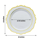 10-Pack Plastic 8" Round Dessert Plates in White with Gold Scalloped Rim - Disposable Appetizer/Salad Plates for Chic Banquets & Special Occasions