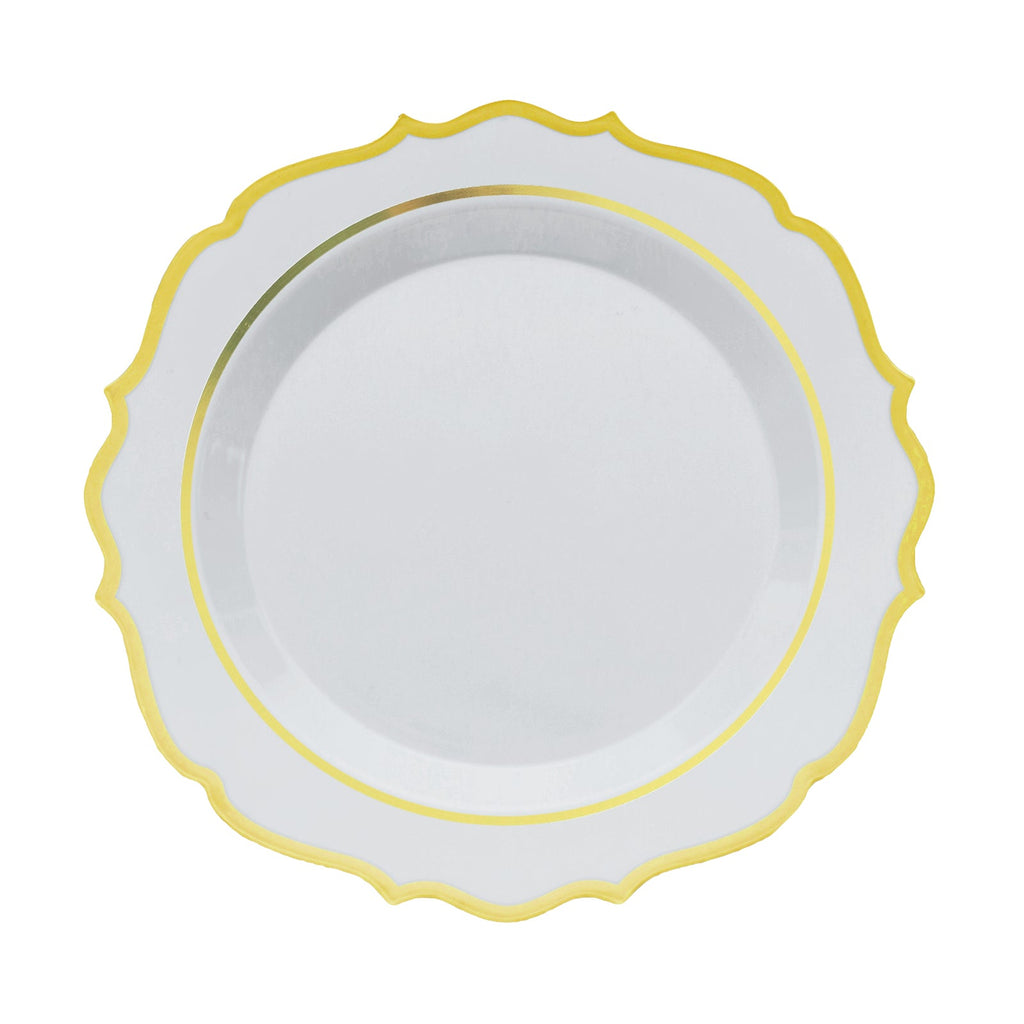 10-Pack Plastic 8" Round Dessert Plates in White with Gold Scalloped Rim - Disposable Appetizer/Salad Plates for Chic Banquets & Special Occasions