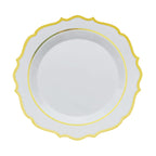 10-Pack Plastic 8" Round Dessert Plates in White with Gold Scalloped Rim - Disposable Appetizer/Salad Plates for Chic Banquets & Special Occasions