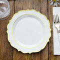 10-Pack Plastic 8" Round Dessert Plates in White with Gold Scalloped Rim - Disposable Appetizer/Salad Plates for Chic Banquets & Special Occasions