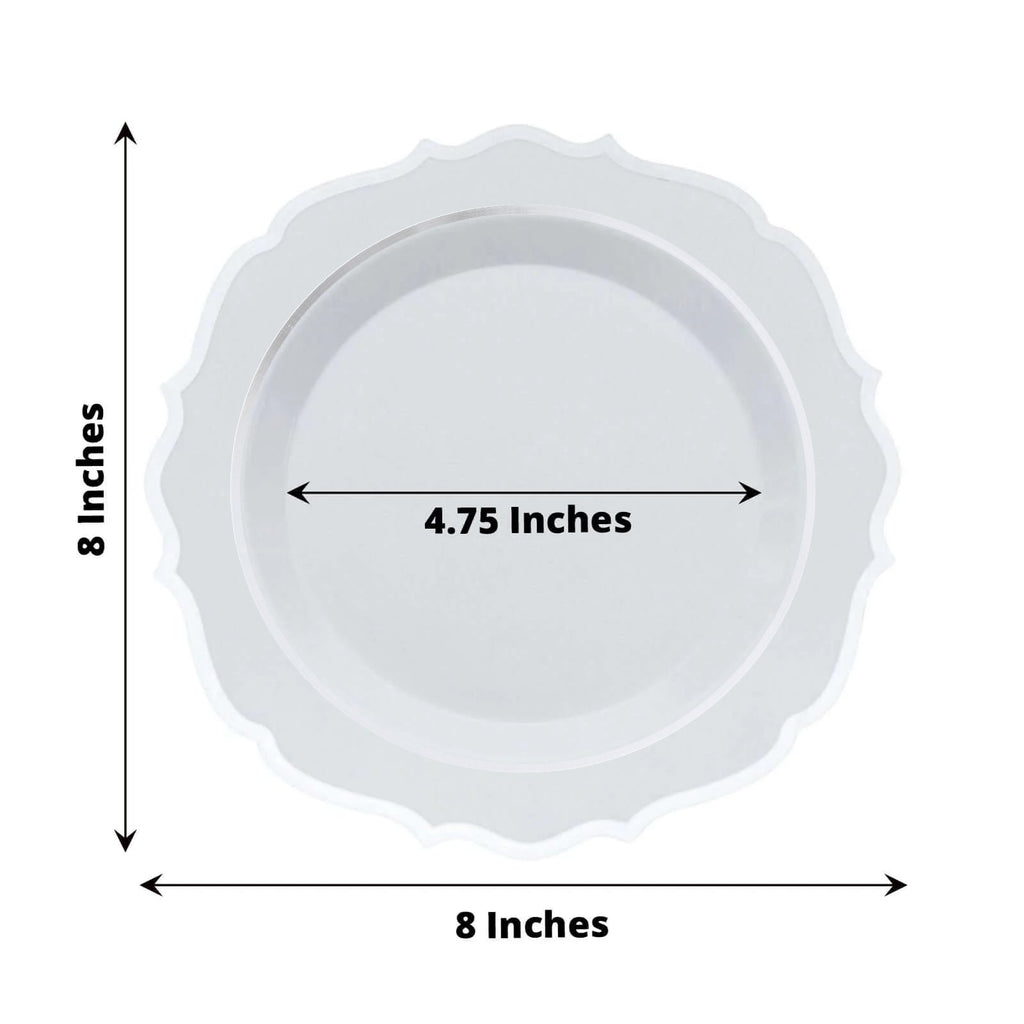 10-Pack Plastic 8" Round Dessert Plates in White with Silver Scalloped Rim - Disposable Appetizer/Salad Plates