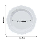 10-Pack Plastic 8" Round Dessert Plates in White with Silver Scalloped Rim - Disposable Appetizer/Salad Plates