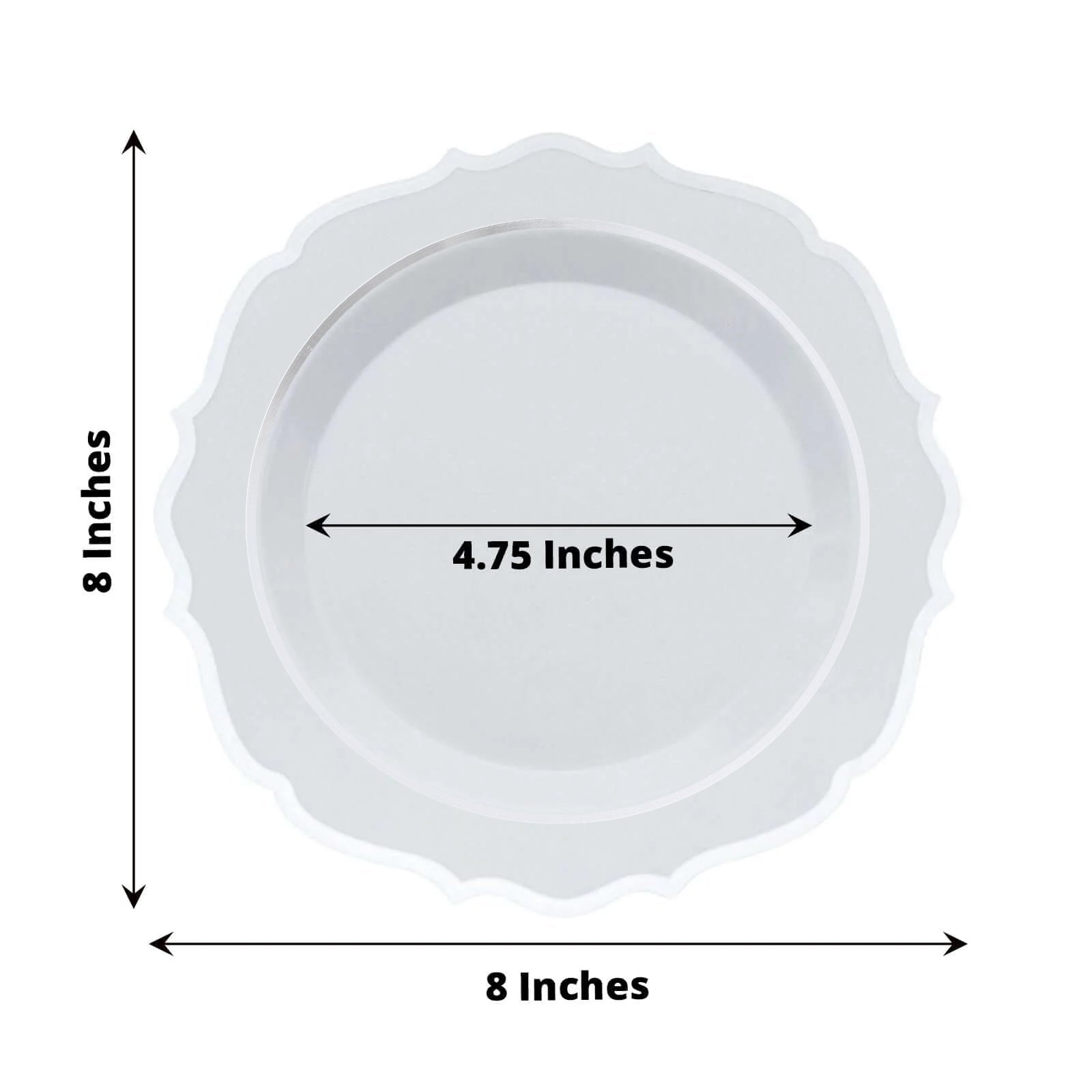 10-Pack Plastic 8" Round Dessert Plates in White with Silver Scalloped Rim - Disposable Appetizer/Salad Plates