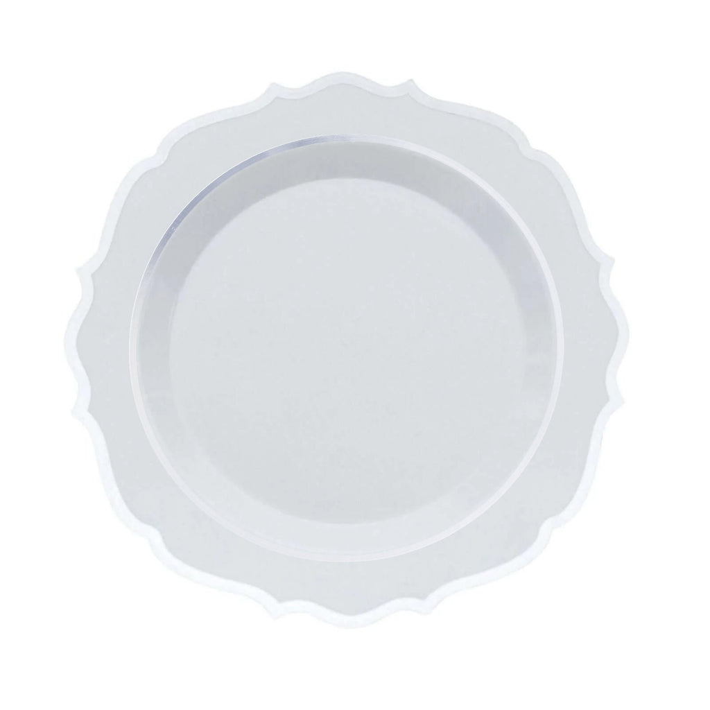 10-Pack Plastic 8" Round Dessert Plates in White with Silver Scalloped Rim - Disposable Appetizer/Salad Plates