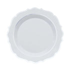 10-Pack Plastic 8" Round Dessert Plates in White with Silver Scalloped Rim - Disposable Appetizer/Salad Plates