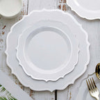 10-Pack Plastic 8" Round Dessert Plates in White with Silver Scalloped Rim - Disposable Appetizer/Salad Plates