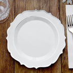 10-Pack Plastic 8" Round Dessert Plates in White with Silver Scalloped Rim - Disposable Appetizer/Salad Plates