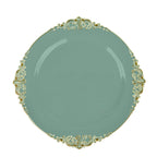 10-Pack Plastic 10" Round Dinner Plates in Dusty Sage Green with Gold Leaf Embossed Rim - Disposable Vintage Baroque Style Plates